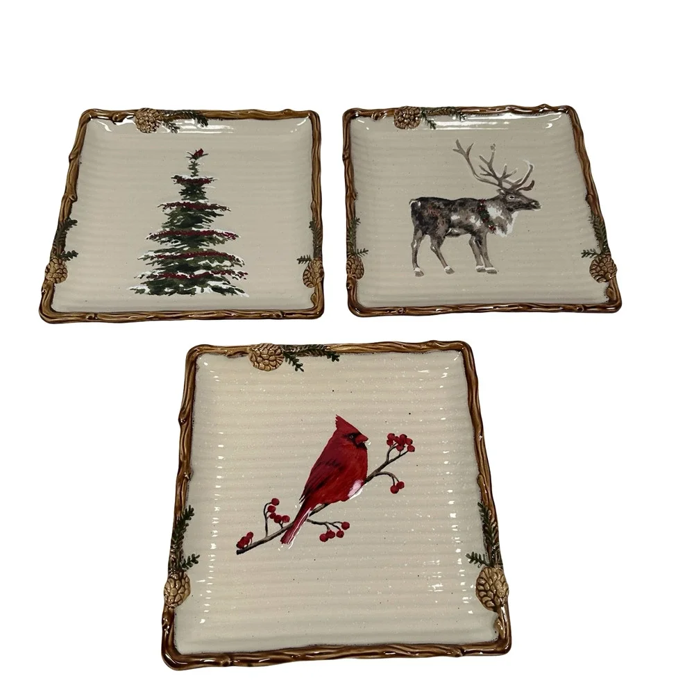 St Nicholas Square Snow Valley Salad Plates Cardinal Reindeer Pine Tree Lot 8‎
